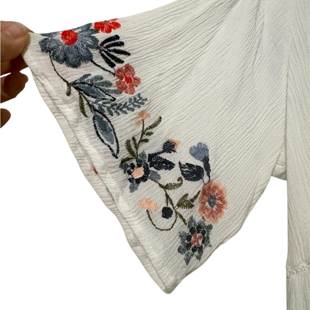 Embroidered V-Neck Womenβs Peasant Top - White with Coral & Blue Floral - Picture 6 of 7